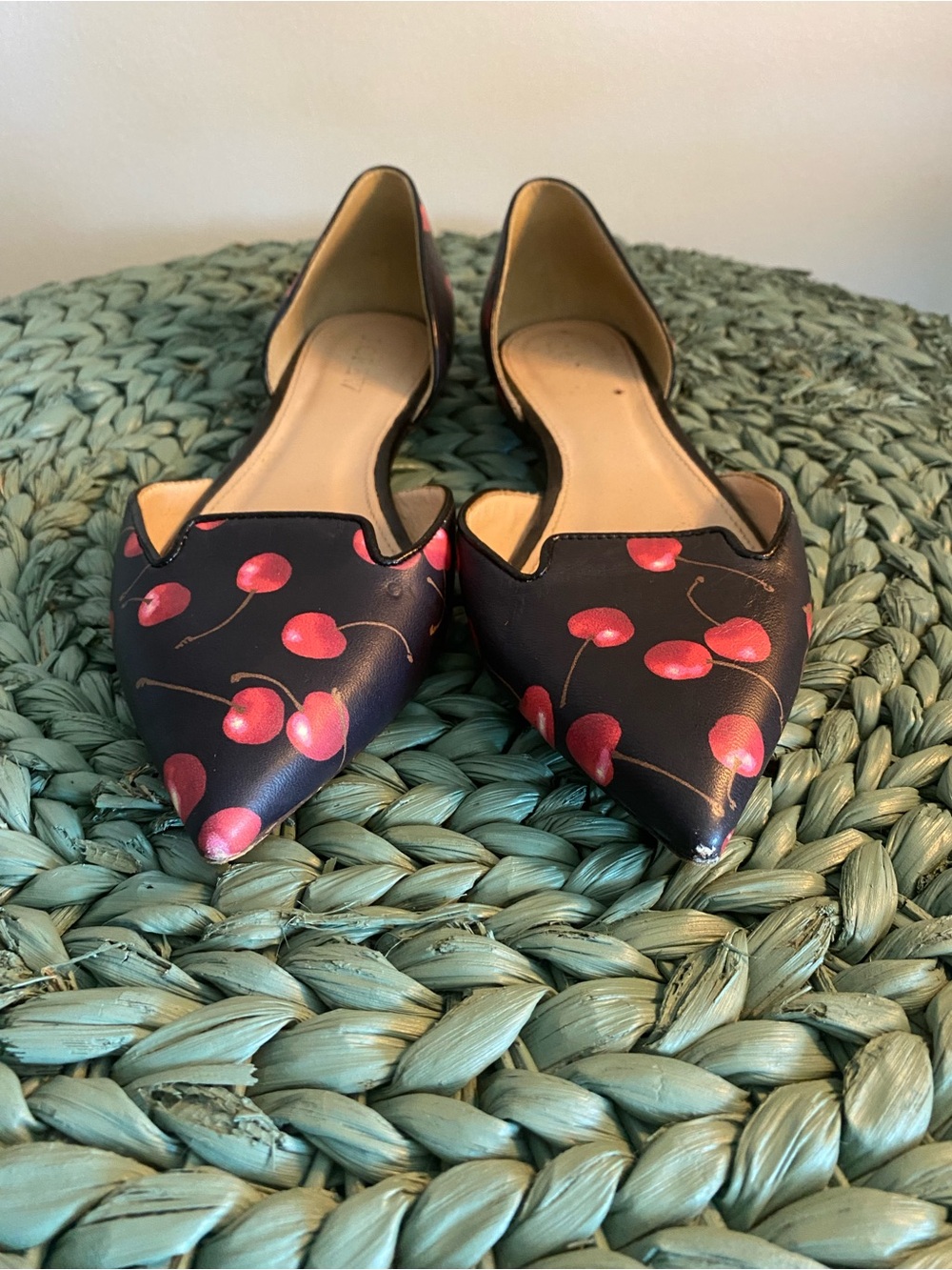 J. Crew Black Pointed D'Orsay Flats with Red Cherry Print